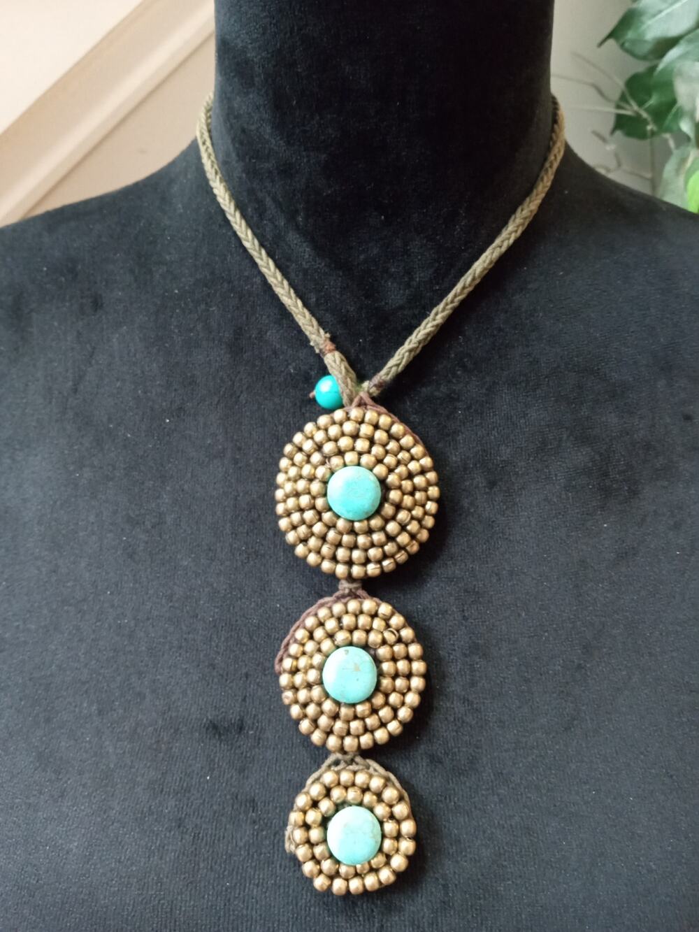 Gold Tone Triple Turquoise Medallion Pendant Necklace Boho Southwestern Style